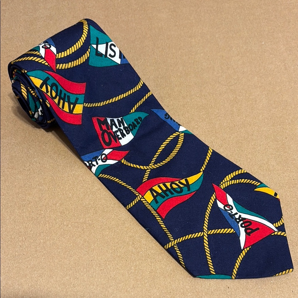 Joe Boxer Nautical Navy Tie with Colorful Flags made in USA Italian Cotton 58”